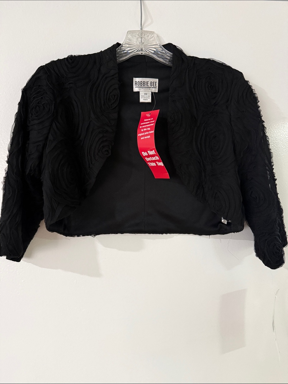 Robbie Bee Black Cropped Rosette Open-Front Jacket
